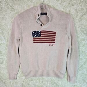Ralph Lauren Polo Vintage Grandad Flag Sweater Mens 2XLT Cotton Linen